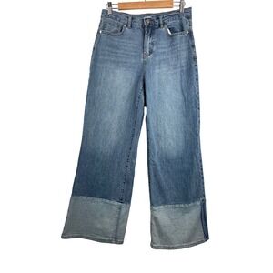 Habitual Wide Leg Jeans sz 28 Blue High Rise Colorblock Cuff Hem boho retro